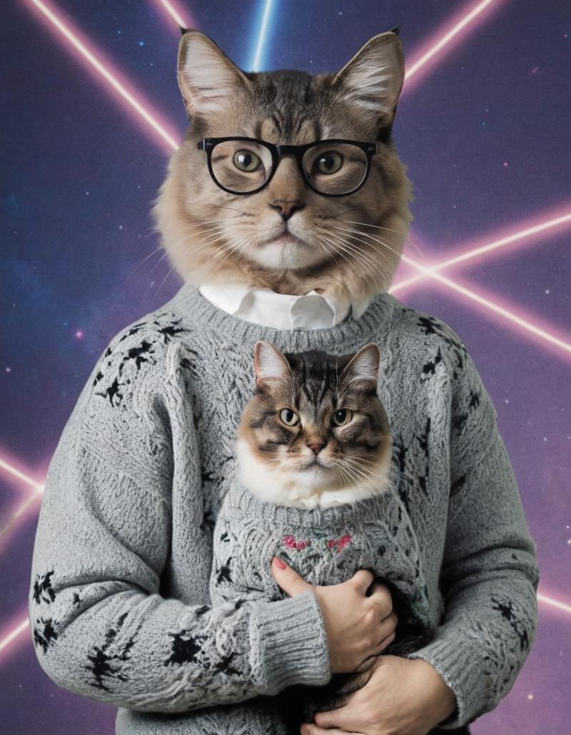 08465-860782378-cat wearing a sweater and glasses, holding a cat, laser background, meme, _lora_AwkwardCatPhoto-000007_0.75_ (photo inset of a c.png